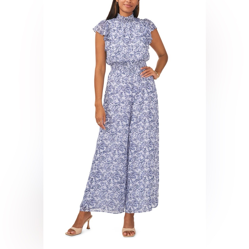 MSK Blue and White Floral Jumpsuit with V-Neck and Wide-Leg